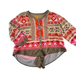 Ruby Rd. Womens Aztec Print Button-Up Blouse 1X Rayon Multicolor‎